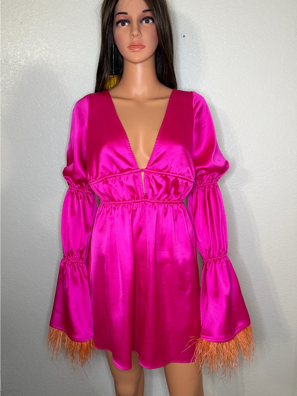 WeWoreWhat Fuchsia Satin Mini Dress with Orange Feather Trim